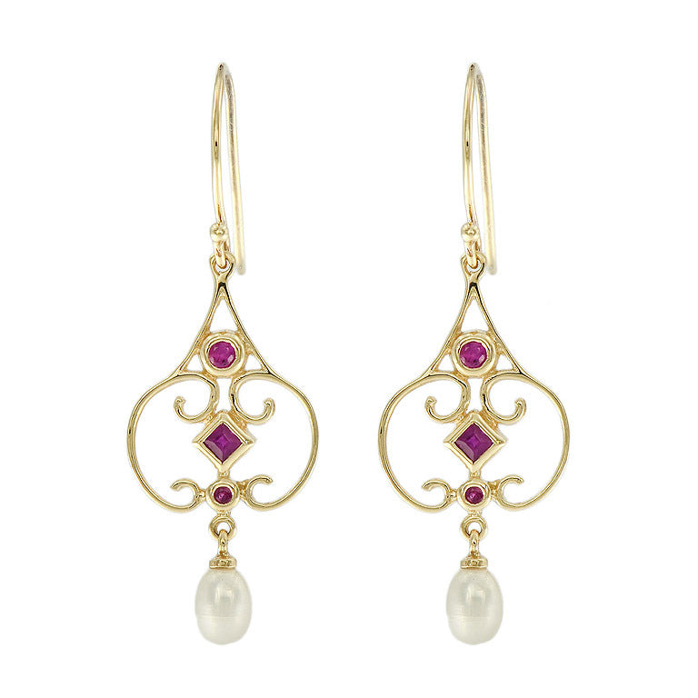 Chandelier drop earrings with natural ruby and pearl in 9k yellow gold
