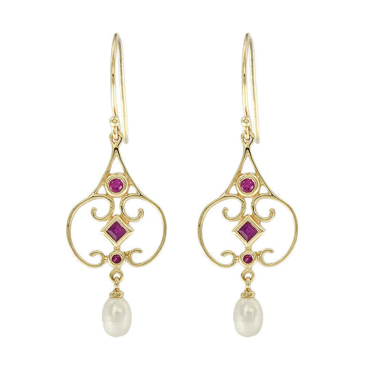 Chandelier drop earrings with natural ruby and pearl in 9k yellow gold