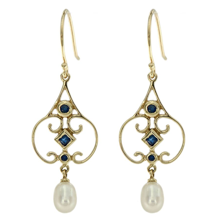 Chandelier drop earrings with natural sapphire and pearl in 9k yellow gold