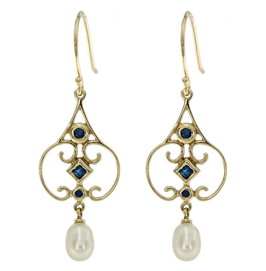 Chandelier drop earrings with natural sapphire and pearl in 9k yellow gold