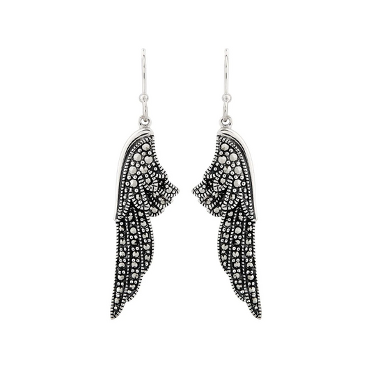 Sparkling angel wing drop earrings in marcasite in sterling silver