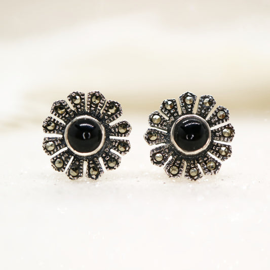 Flower stud earrings in onyx, marcasite and sterling silver