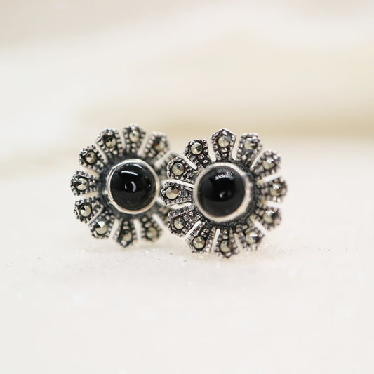 Flower stud earrings in onyx, marcasite and sterling silver