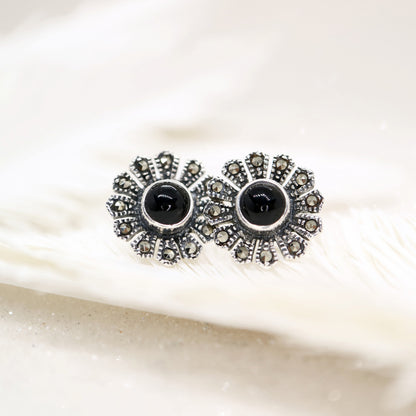 Flower stud earrings in onyx, marcasite and sterling silver