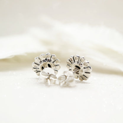 Flower stud earrings in onyx, marcasite and sterling silver