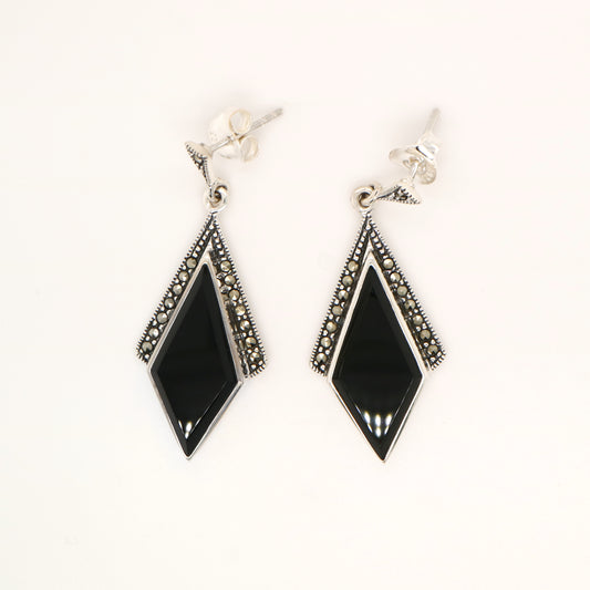 Art deco drop earrings in black onyx, marcasite in sterling silver