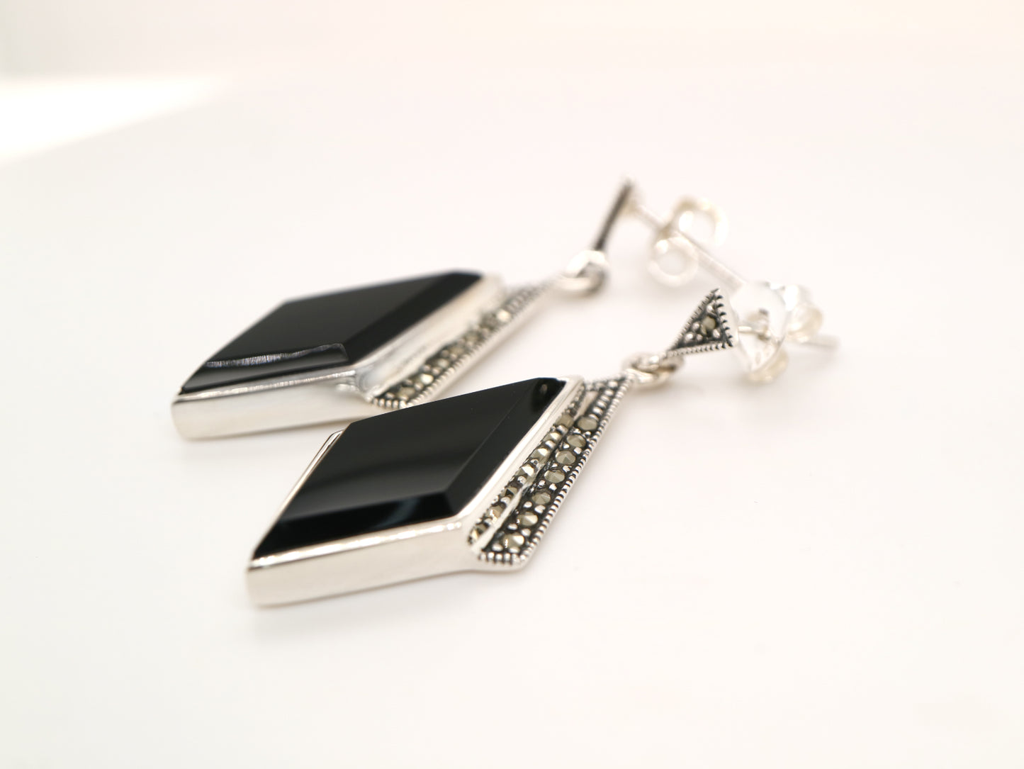 Art deco drop earrings in black onyx, marcasite in sterling silver