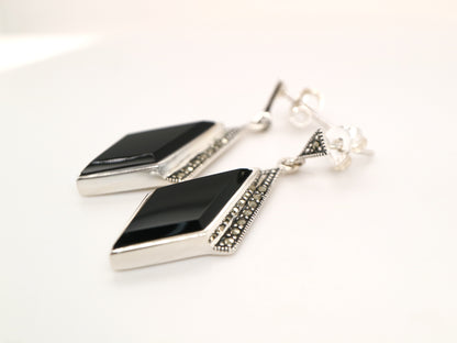 Art deco drop earrings in black onyx, marcasite in sterling silver