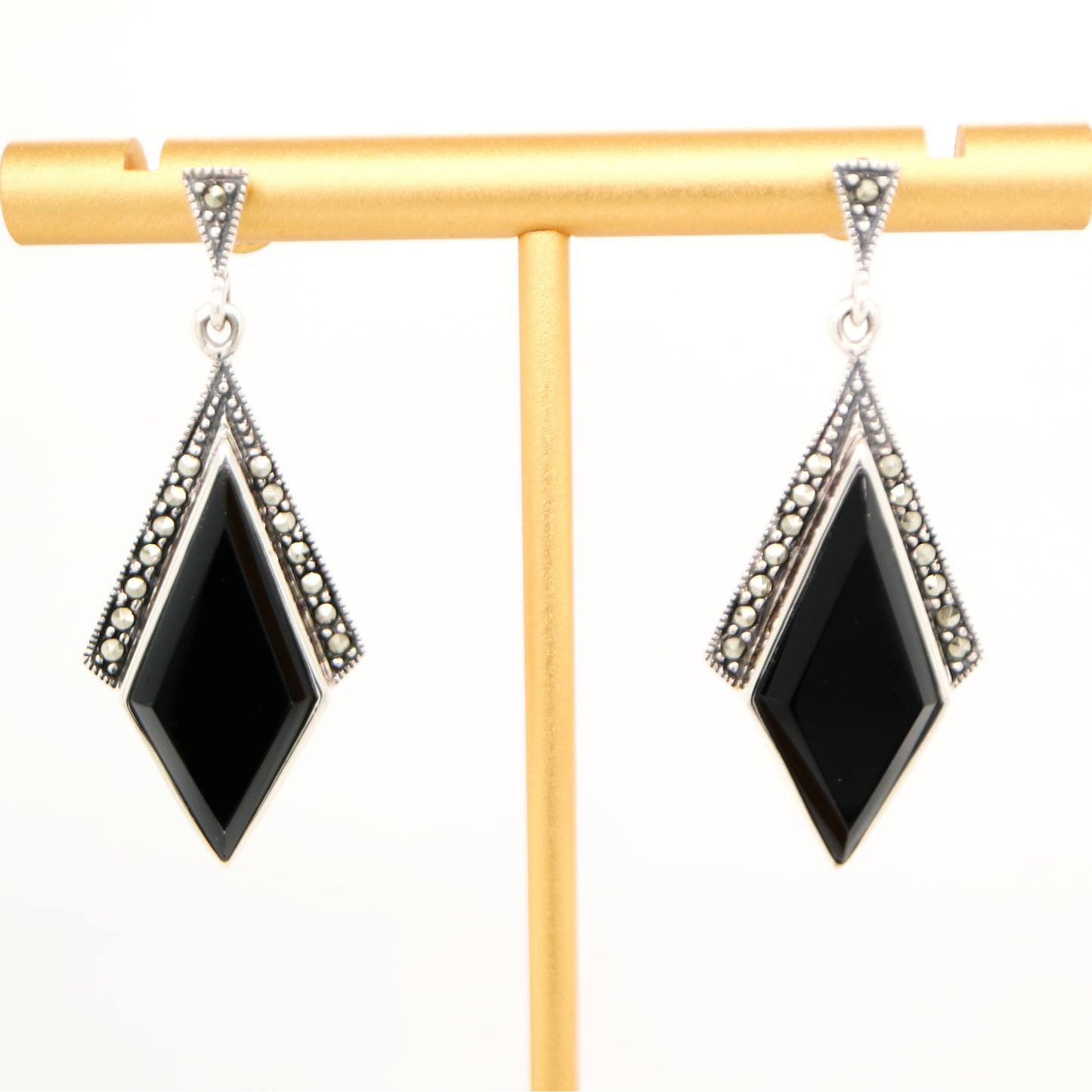 Art deco drop earrings in black onyx, marcasite in sterling silver