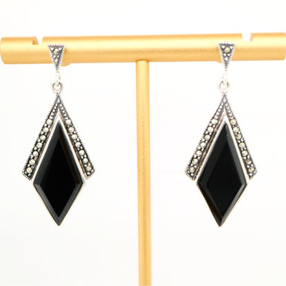 Art deco drop earrings in black onyx, marcasite in sterling silver