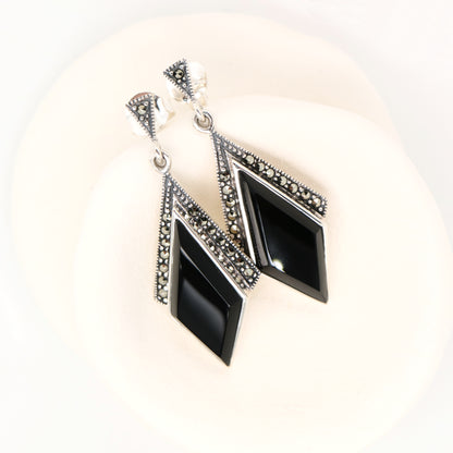 Art deco drop earrings in black onyx, marcasite in sterling silver