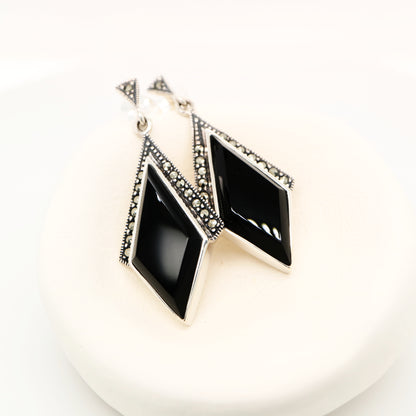 Art deco drop earrings in black onyx, marcasite in sterling silver