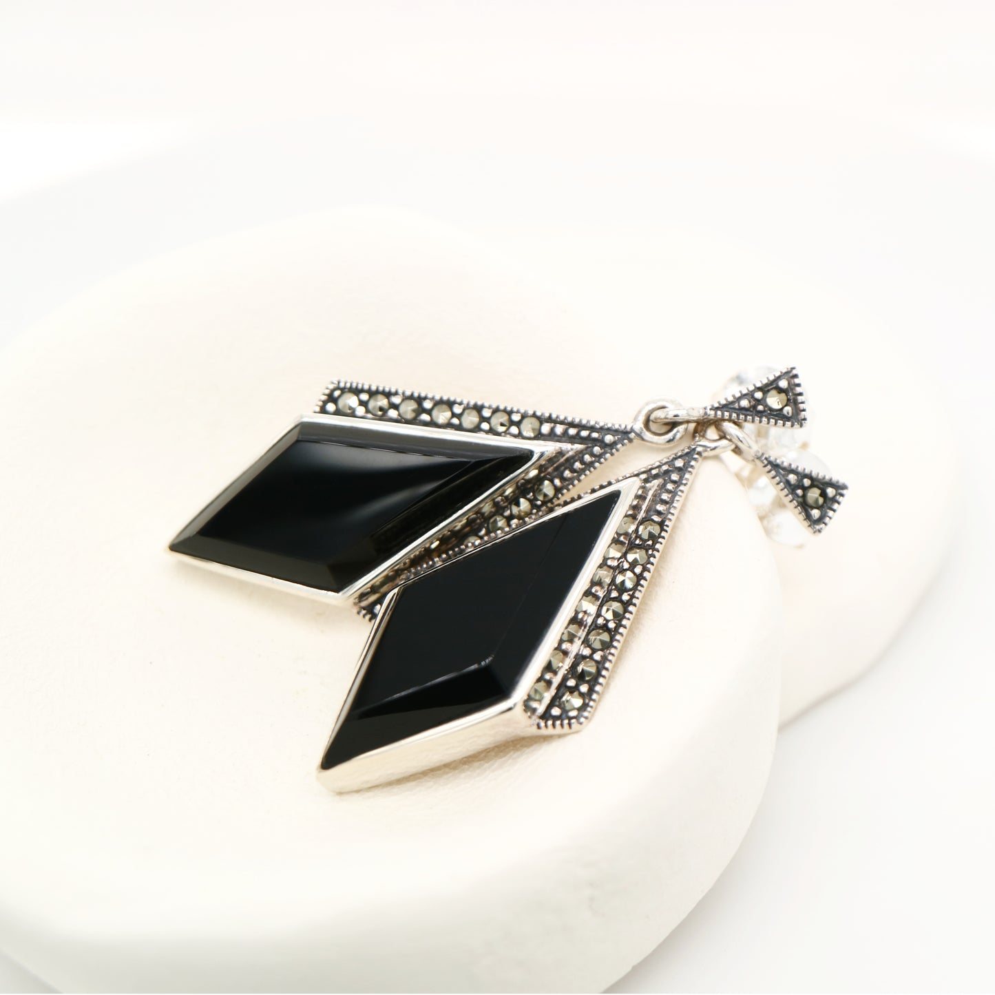 Art deco drop earrings in black onyx, marcasite in sterling silver