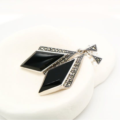 Art deco drop earrings in black onyx, marcasite in sterling silver