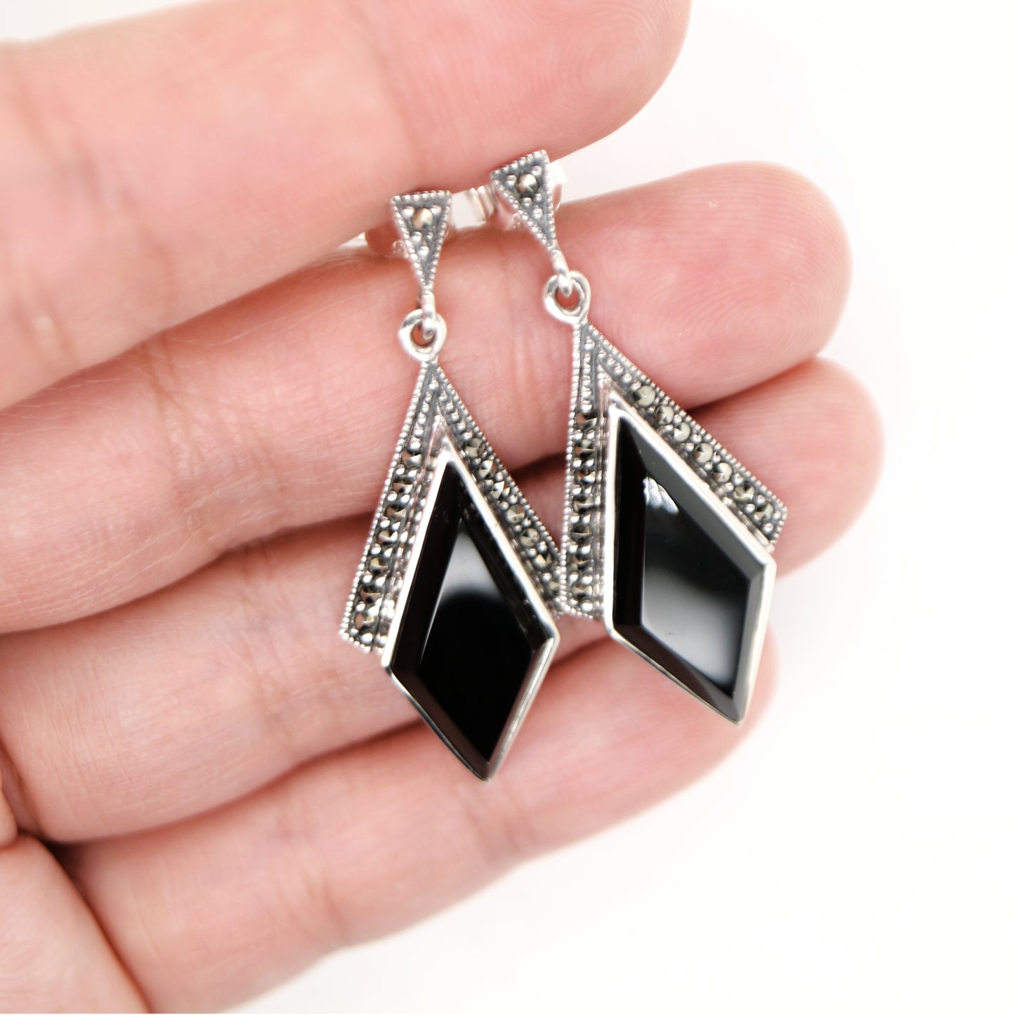 Art deco drop earrings in black onyx, marcasite in sterling silver