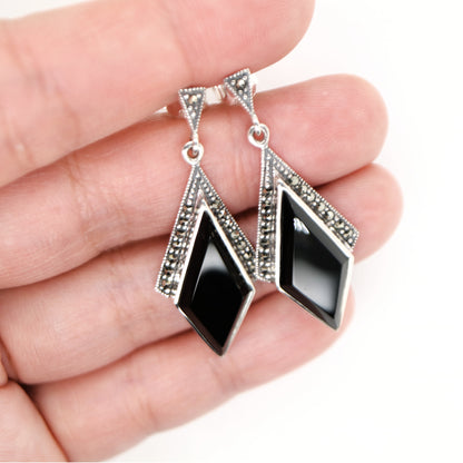 Art deco drop earrings in black onyx, marcasite in sterling silver