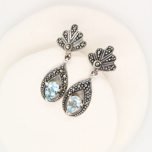 Blue topaz drop earrings with marcasite in sterling silver