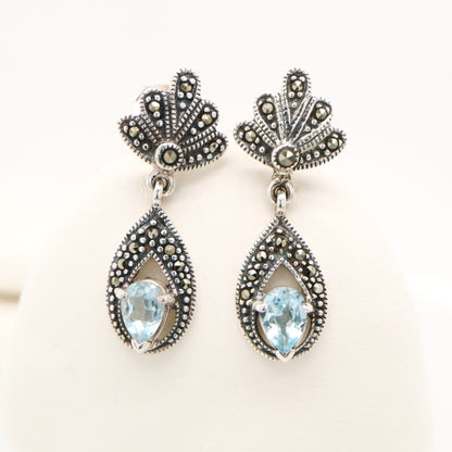 Blue topaz drop earrings with marcasite in sterling silver