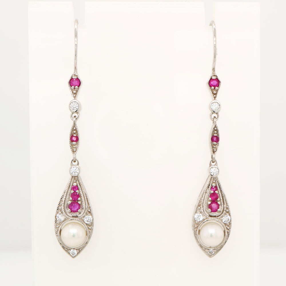 Dangle earrings with fresh water pearl, ruby and diamond in 9k white gold