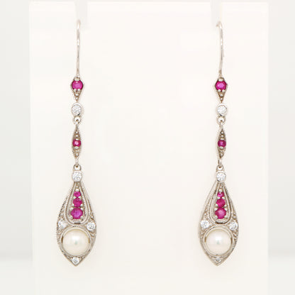 Dangle earrings with fresh water pearl, ruby and diamond in 9k white gold
