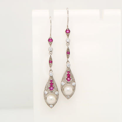 Dangle earrings with fresh water pearl, ruby and diamond in 9k white gold