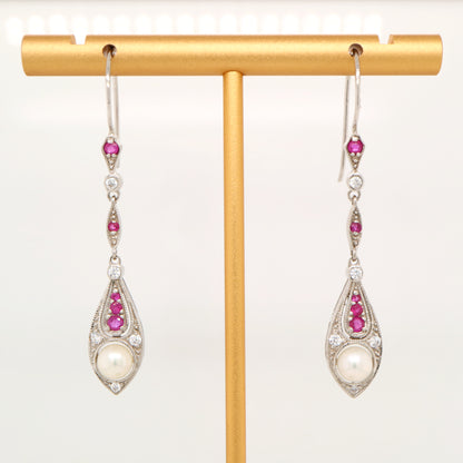 Pearl with laboratory grown ruby and cz dangle earrings in sterling silver