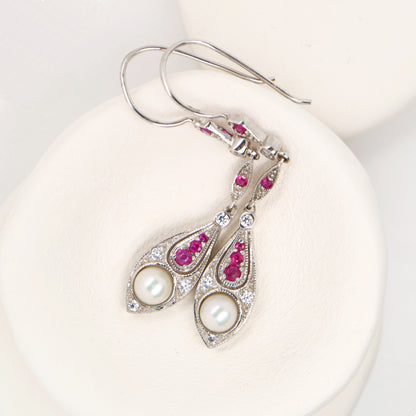 Pearl with laboratory grown ruby and cz dangle earrings in sterling silver