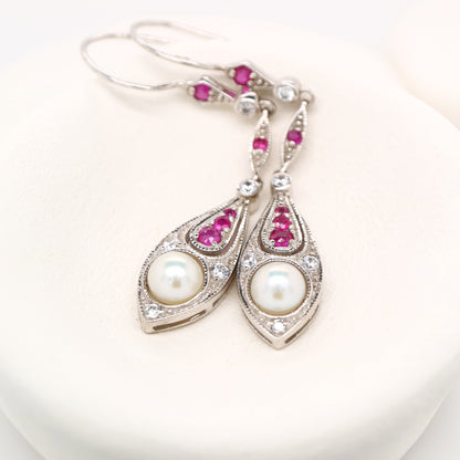 Pearl with laboratory grown ruby and cz dangle earrings in sterling silver