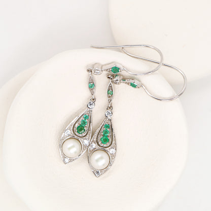 Pearl with laboratory grown emerald and cz dangle earrings in sterling silver