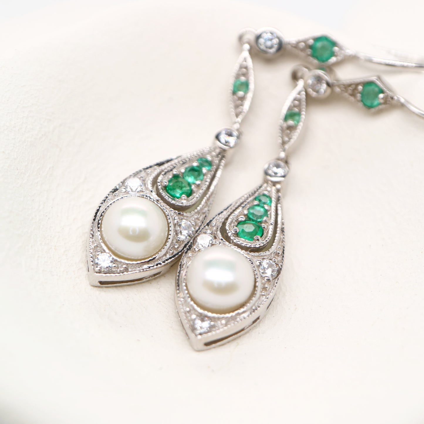 Pearl with laboratory grown emerald and cz dangle earrings in sterling silver