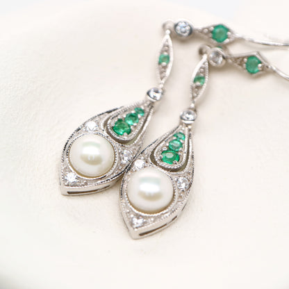 Pearl with laboratory grown emerald and cz dangle earrings in sterling silver