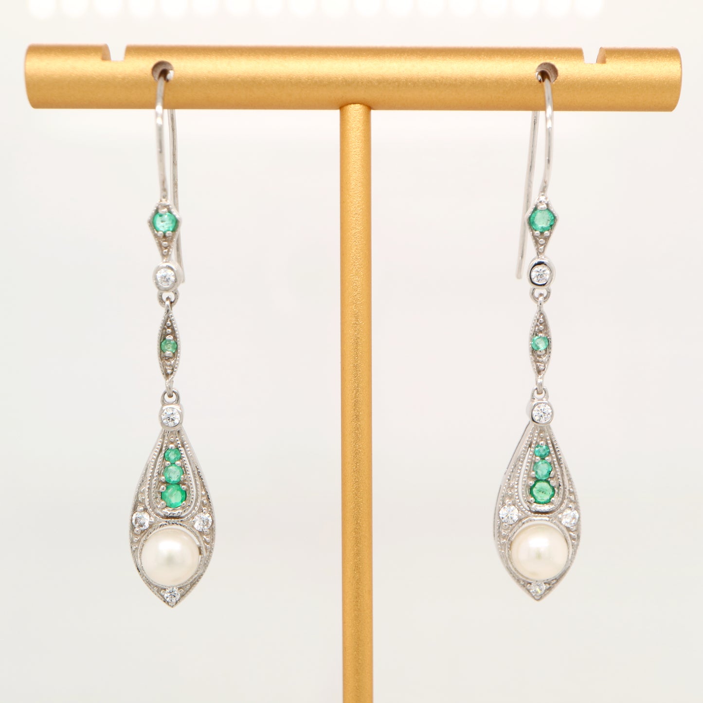Pearl with laboratory grown emerald and cz dangle earrings in sterling silver
