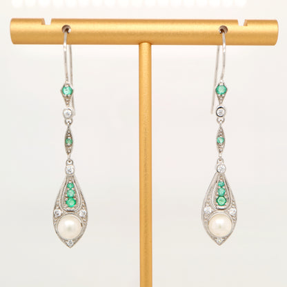 Pearl with laboratory grown emerald and cz dangle earrings in sterling silver