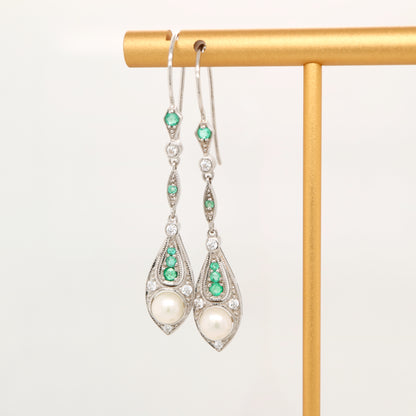 Pearl with laboratory grown emerald and cz dangle earrings in sterling silver