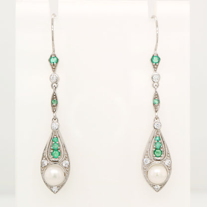 Dangle earrings with fresh water pearl, emerald and diamond in 9k white gold