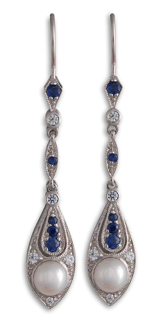 Dangle earrings with fresh water pearl, sapphire and diamond in 9k white gold