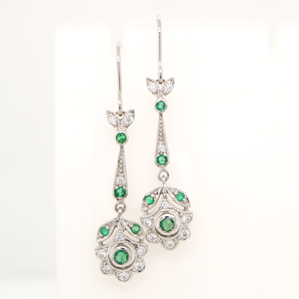 Floral drop earrings with laboratory grown emerald and cz in sterling silver