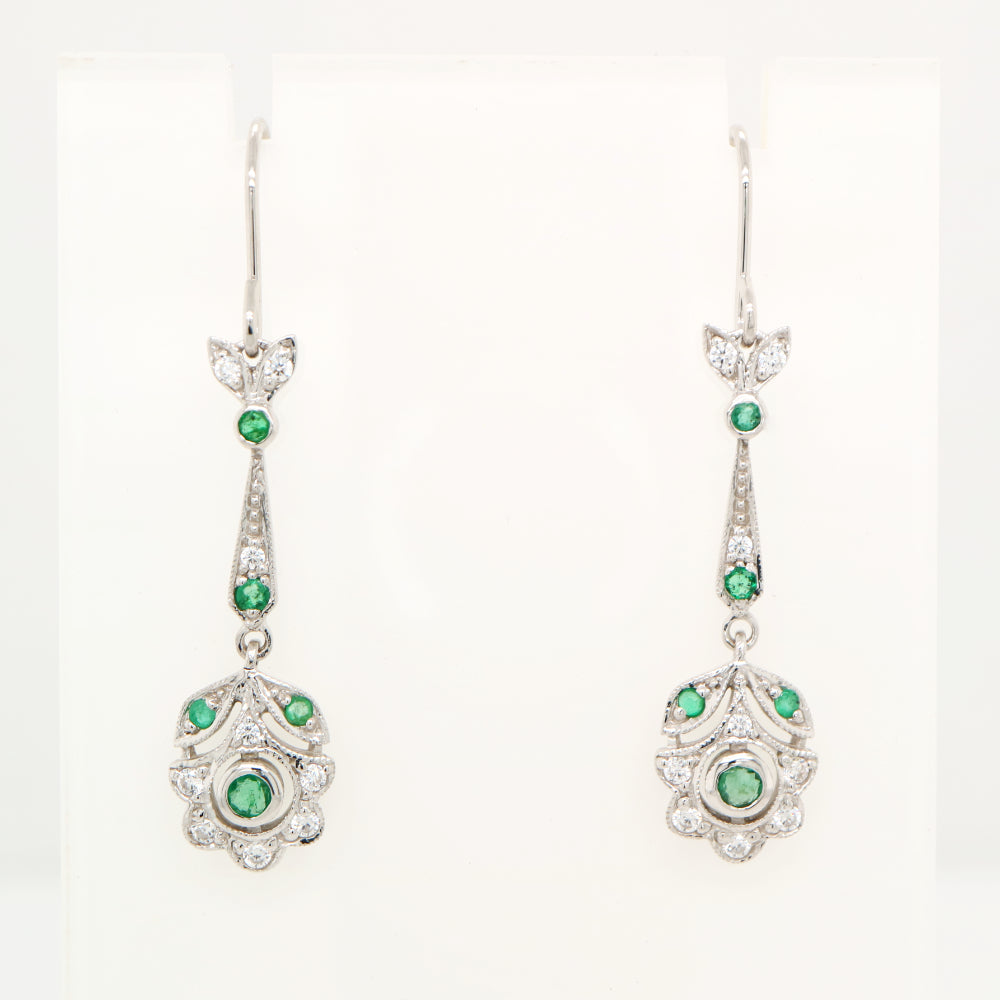 Floral drop earrings with laboratory grown emerald and cz in sterling silver