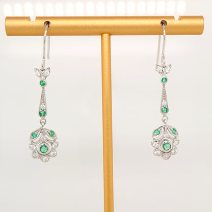 Floral drop earrings with laboratory grown emerald and cz in sterling silver