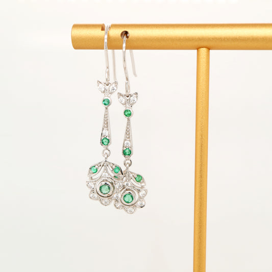 Floral drop earrings with laboratory grown emerald and cz in sterling silver