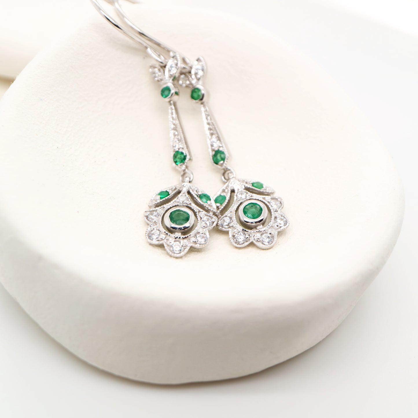 Floral drop earrings with laboratory grown emerald and cz in sterling silver