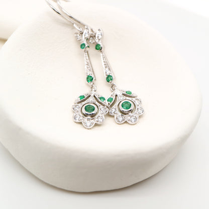 Floral drop earrings with laboratory grown emerald and cz in sterling silver