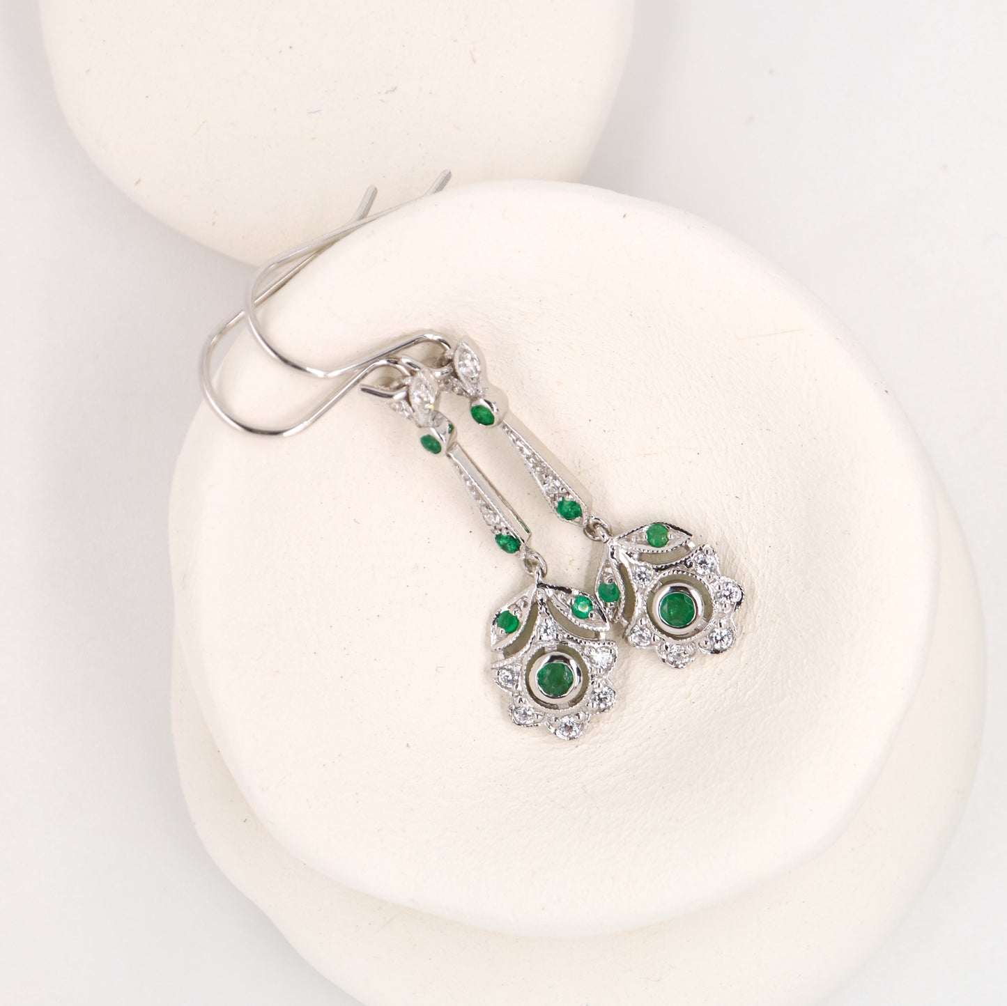 Floral drop earrings with laboratory grown emerald and cz in sterling silver
