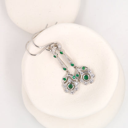 Floral drop earrings with laboratory grown emerald and cz in sterling silver