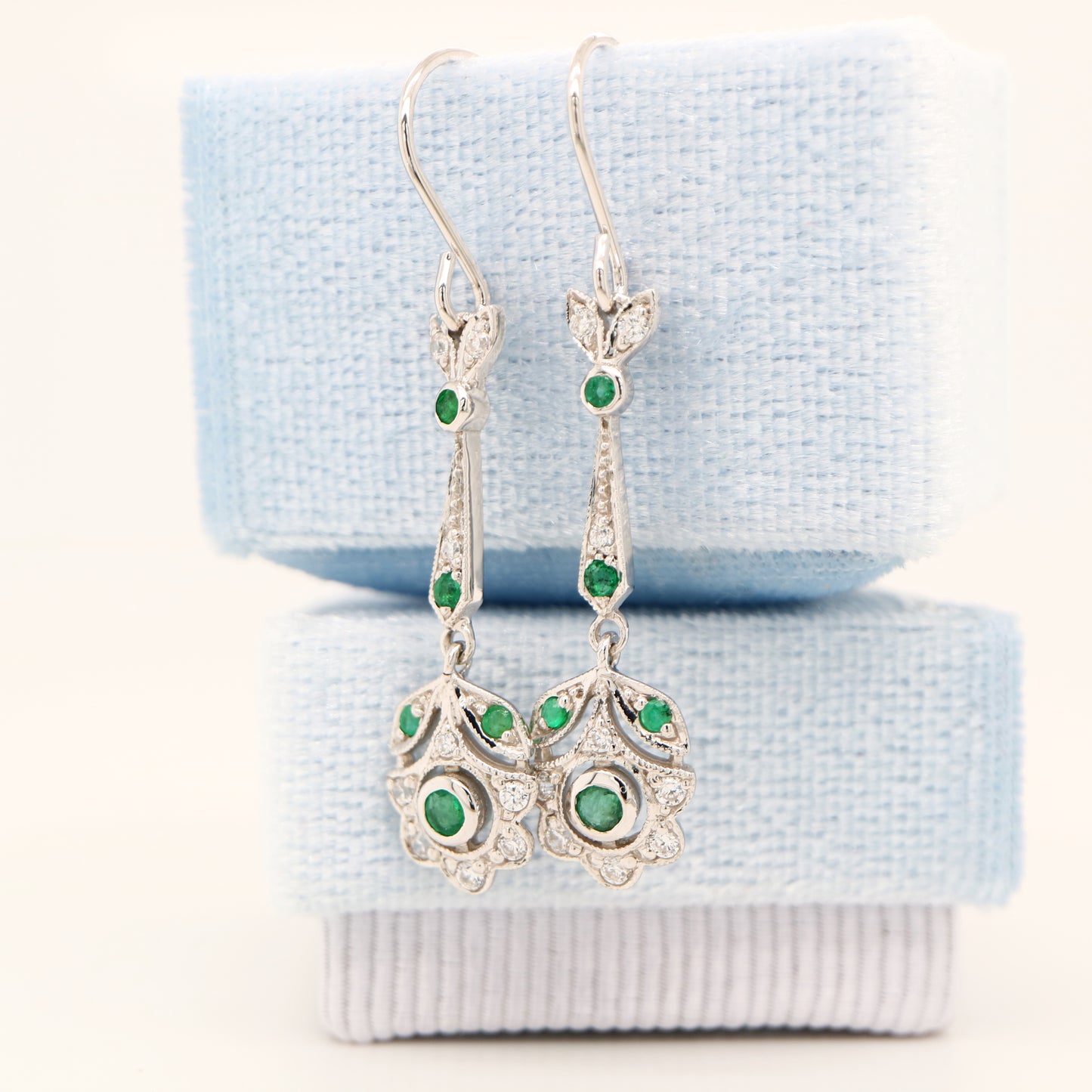 Floral drop earrings with laboratory grown emerald and cz in sterling silver