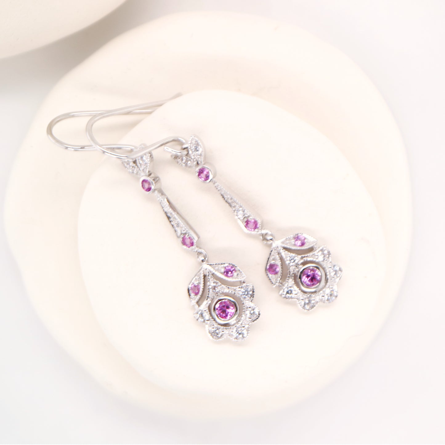 Floral drop earrings with laboratory grown pink sapphire and cz in sterling silver
