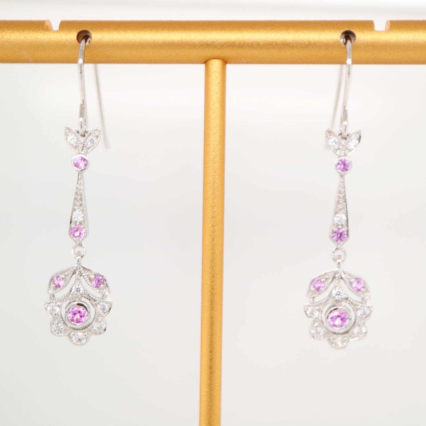 Floral drop earrings with laboratory grown pink sapphire and cz in sterling silver