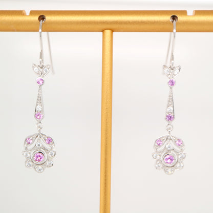 Floral drop earrings with laboratory grown pink sapphire and cz in sterling silver