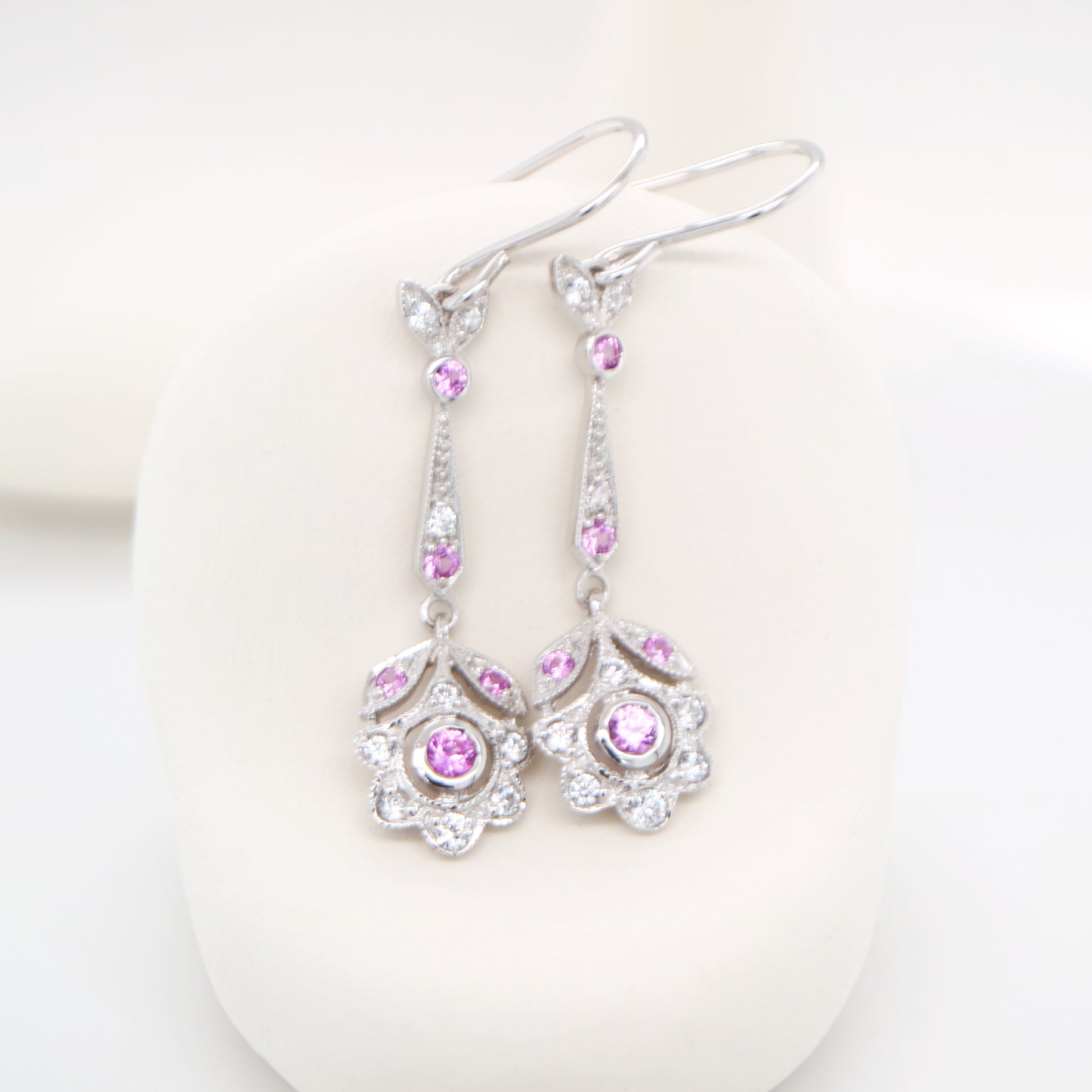Floral drop earrings with laboratory grown pink sapphire and cz in sterling silver