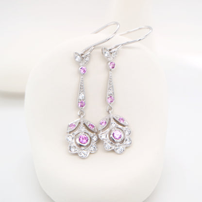 Floral drop earrings with laboratory grown pink sapphire and cz in sterling silver